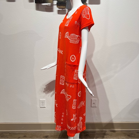 MAXIMA Orange Fish Print Long Beach Summer Shift Dress Cotton Cover up w Pockets - Picture 5 of 10